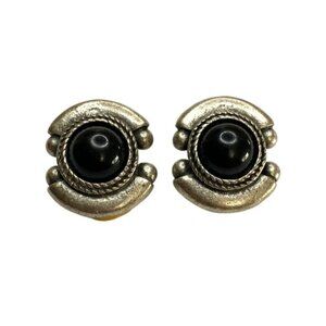 Vintage Brutalist Metal & Black Cabochon Clip Earrings